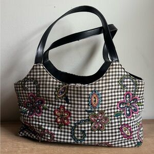 Elegant Black Checkered Tote with Floral Embroidery